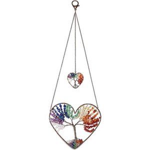 Double Heart Tree of Life Hanging Ornament 7Chakra Reiki Healing Crystals Stones